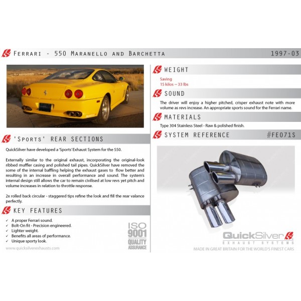 Echappement QUICKSILVER Ferrari 550 (1997-2003) -Silencieux Sport Echappement QUICKSILVER Ferrari 550 (1997-2003) -Silencieux Sport