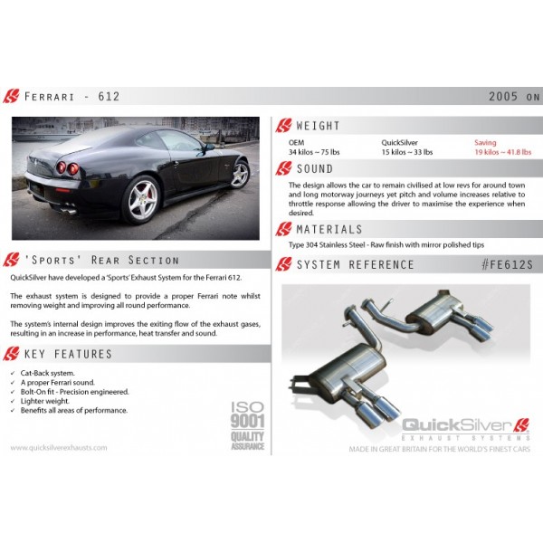 Echappement QUICKSILVER Ferrari 612 (2004-2010) -Silencieux Sport Echappement QUICKSILVER Ferrari 612 (2004-2010) -Silencieux Sport